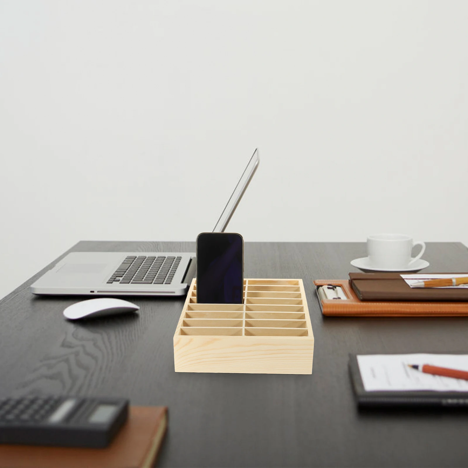 

Mobile Phone Management Storage Box Desktop Cell Holder Wood Color Office Stand for Organiser Tray