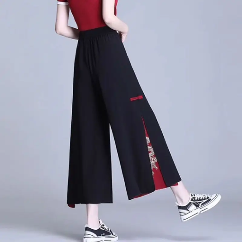 Plus Size Summer Women Embroidered Split Splicing Wide-Leg Pants Chinese-Style Buckle Tassel Straight-Leg Long Casual Pants