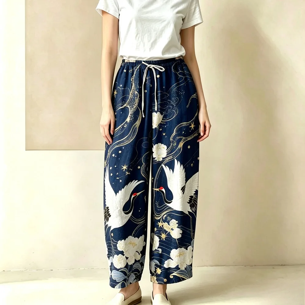 Women Cotton Oriental Crane Print Harem Jogger Pants Elastic Drawstring Waist Loose Ankle Cuff Baggy Casual Trousers Lounge Pant