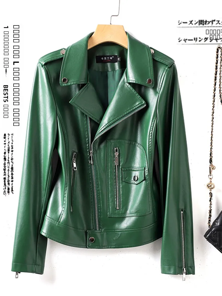 ファッショナブルな本革ジャケット女性用オートバイ用シープスキンコートスタンドカラージッパー開閉スリムフィットデザイン
