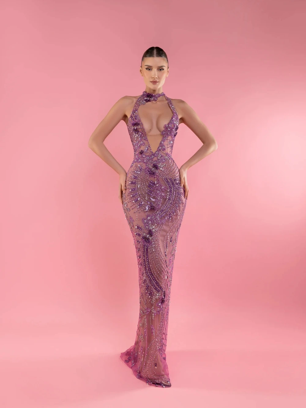 

Sheer Tulle Beaded Mermaid Prom Gown Purple Halter Backless Deep V Neck Formal Luxe Customized Evening Dress With Feather Shawl