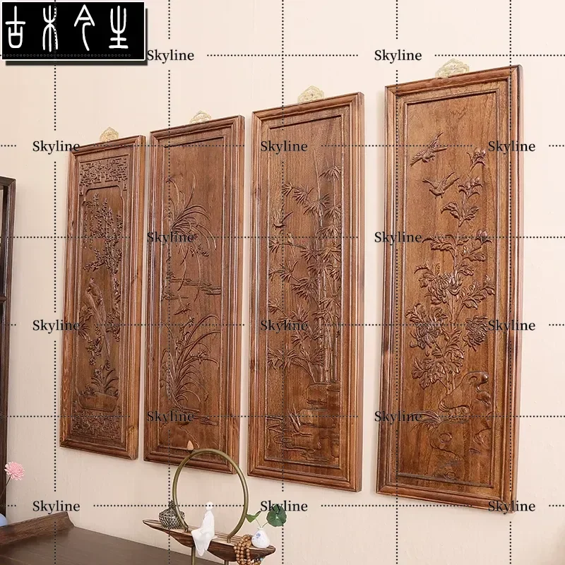 for Meilan Bamboo Chrysanthemum Wood Carving Wall Hanging Solid Wood Flower Board Chinese Style Decorative Painting for Hotel