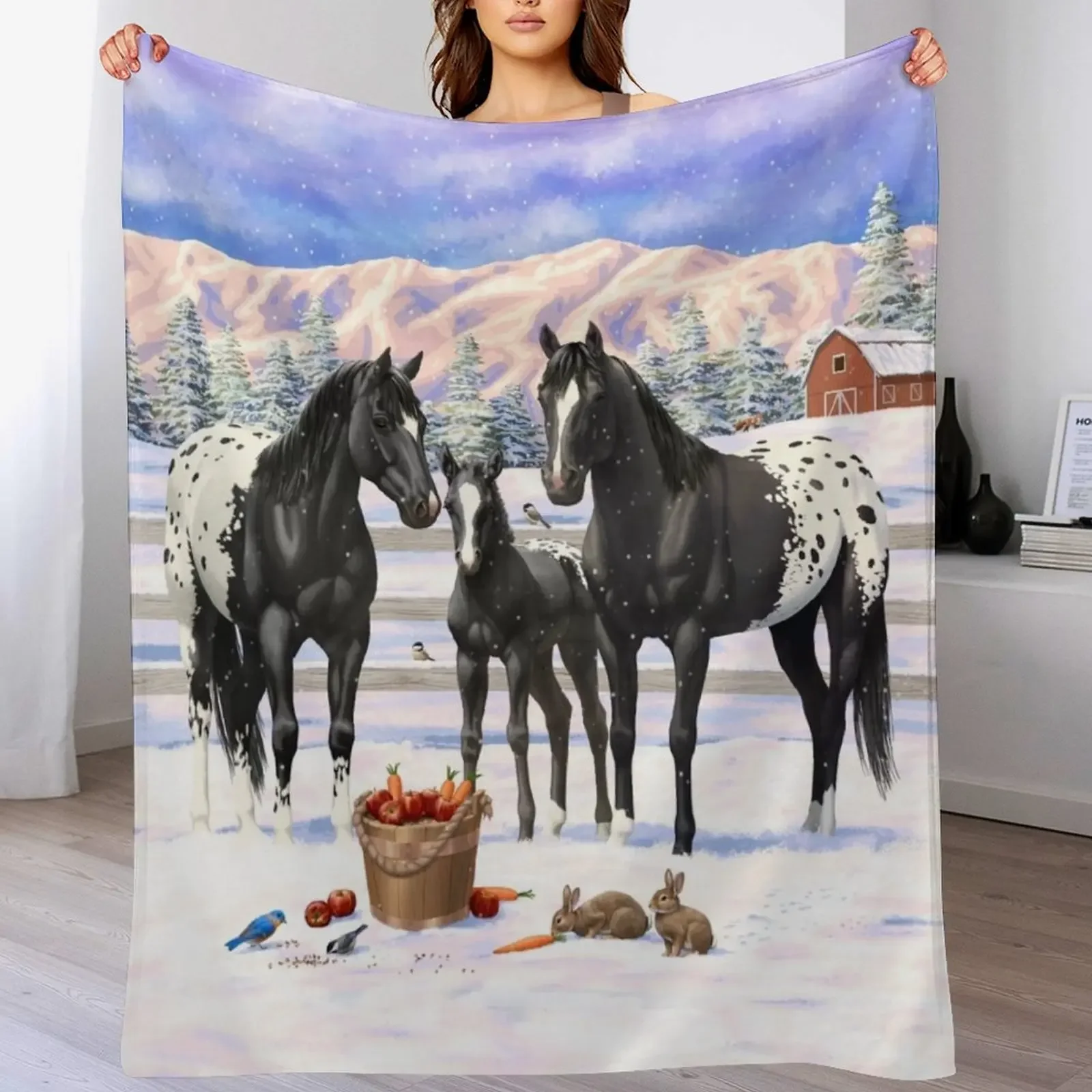 Black Appaloosa Horses In Snow Throw Blanket Quilt Decorative Sofa Furry Giant Sofa Blankets