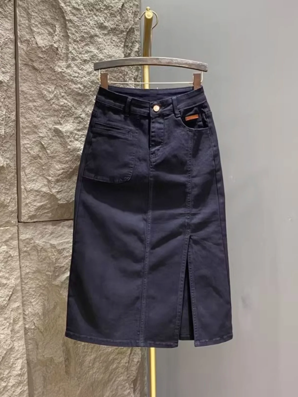 High Waist A-Line Midi Skirt Women's Denim Half Skirt Elastic Slimming Black Side Slit Spring 2024 Business Casual Pure Color