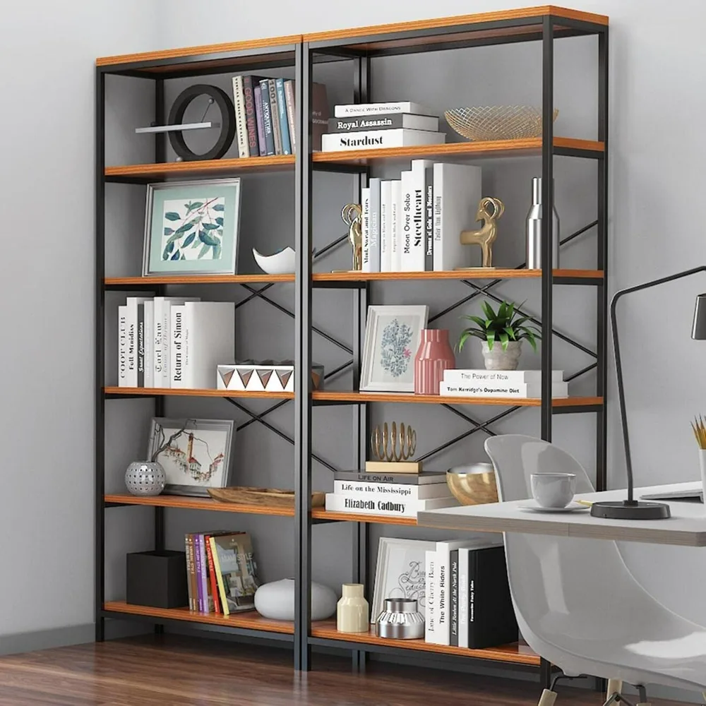 

Bookshelf, Tall Bookcase Wood Storage Rack with Open Bookshelves, Modern Metal Standing Organizer, Display Rack for Living Room