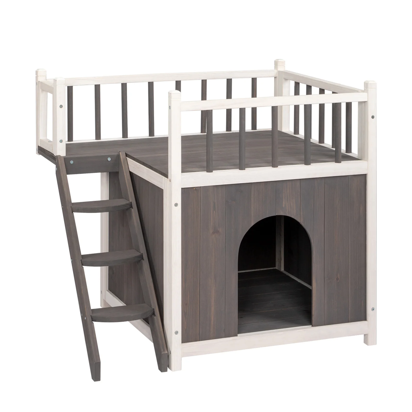 72 * 56 * 65cm 2-story cat house with ladder gray+white cedar wood cat and dog house