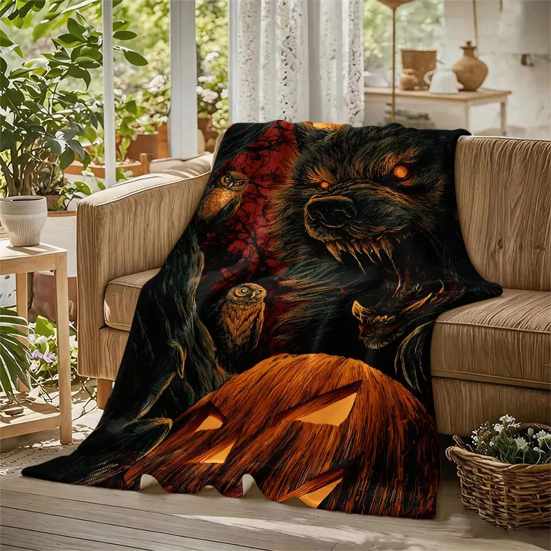 Halloween Wolf Pumpkin Flannel Blanket Warm Soft Halloween Christmas Decorative Couch Warm Cozy All-Season Gift
