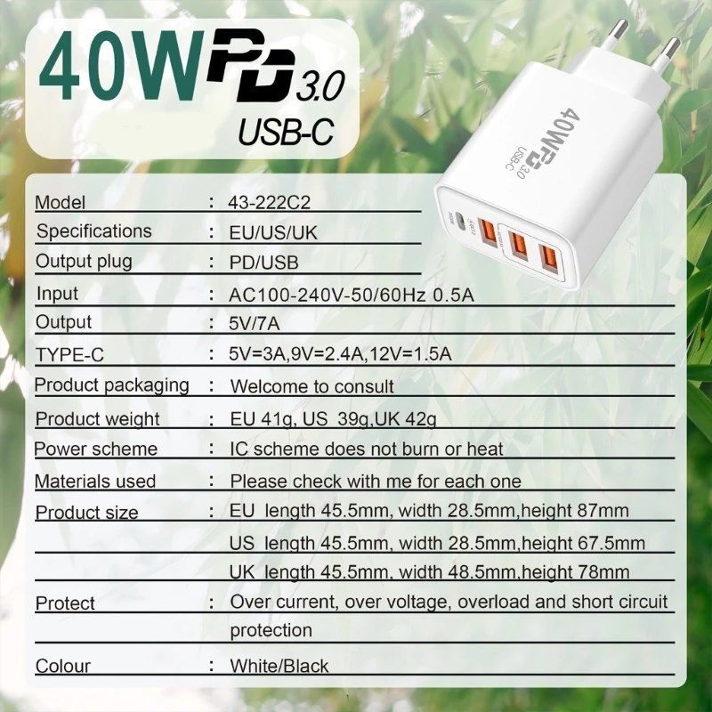 40W USB Wall 3 USB A and 1 Port Simultaneous Charging for Multiple Devices