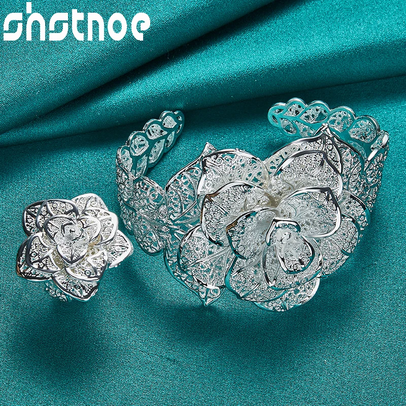 

SHSTONE 2pcs 925 Sterling Silver Rose Flower Bangle Rings Noble Fashion Charm Jewelry Sets For Woman Wedding Engagement Party