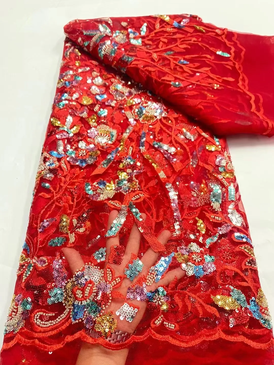 

Red African Glue Sequins Lace Fabric High Quality Embroidery 3d Flower Sequence Beaded Lace Fabric For Bridal Material