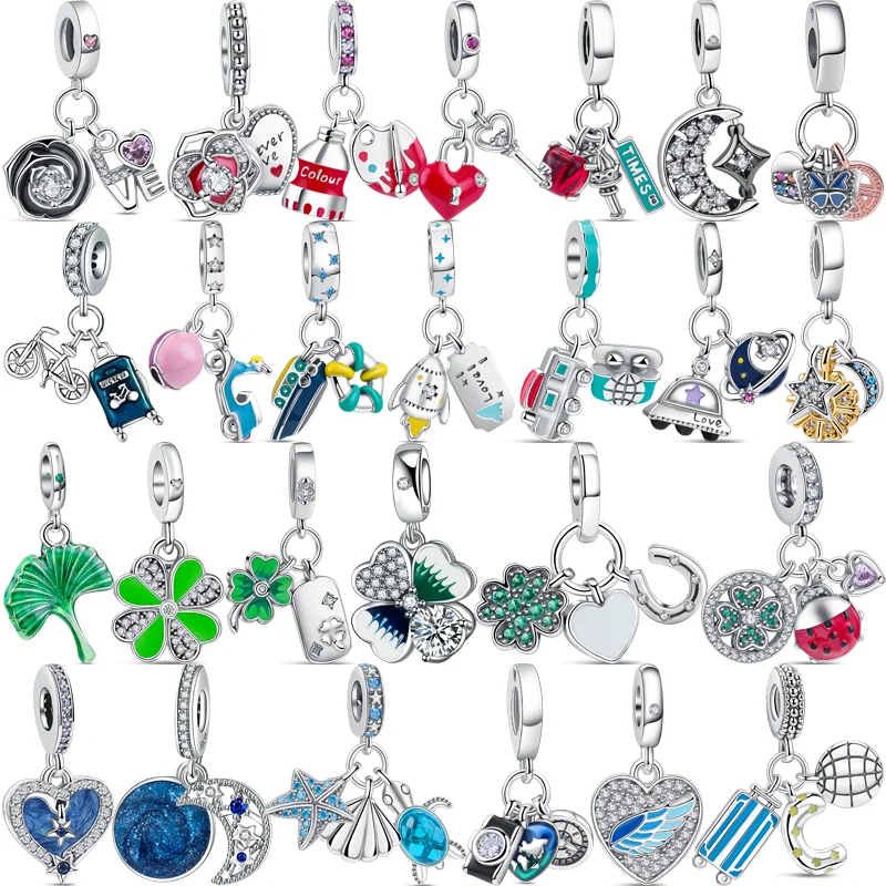 

New 925 Silver Love Flowers Stars Moon Sun Rocket Clover Feather Pendant Fit Original Pandora Charms Bracelet Beads DIY Jewelry