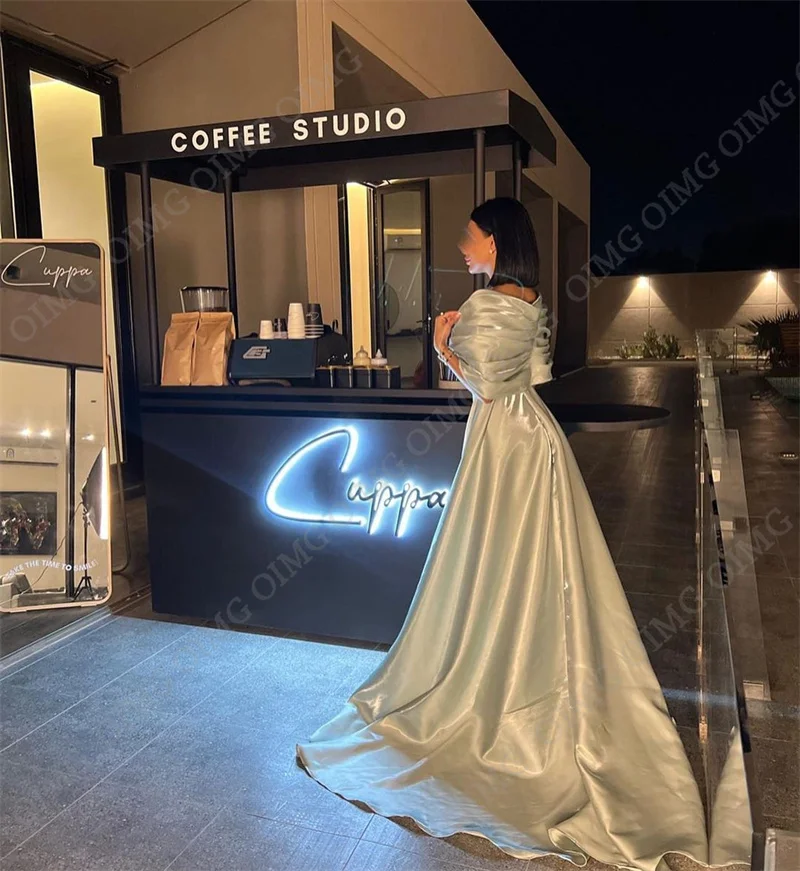 OIMG A Line Evening Dresses Satin Off Shoulder Bow Train Prom Gowns Custom Gogerous Prom Dresses Dubai 2023 For Women