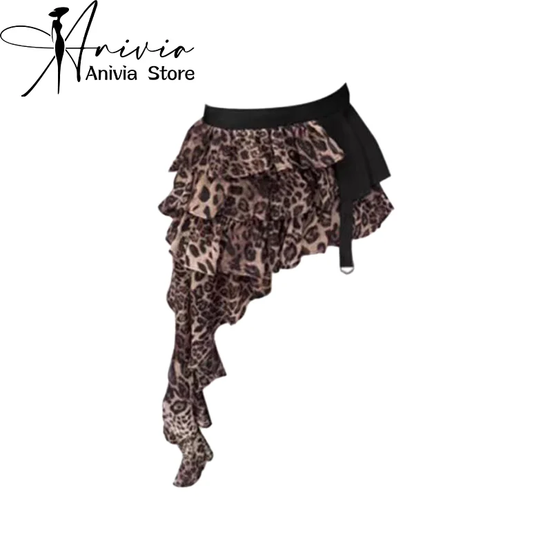 Women A-line Leopard Skirt Vintage Aesthetic Y2k Asymmetrical Skirt Harajuku Streetwear Emo Mini Skirt 2000s Clothes Summer 2024