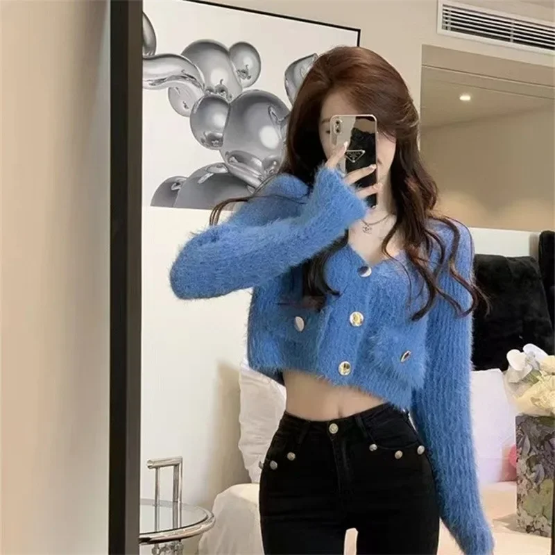 Women New Chic Solid Colors Furry Cardigans V-Neck Slim Short Sweater Autumn Winter Simple Casual Knitted Cardigan Knit Sweater