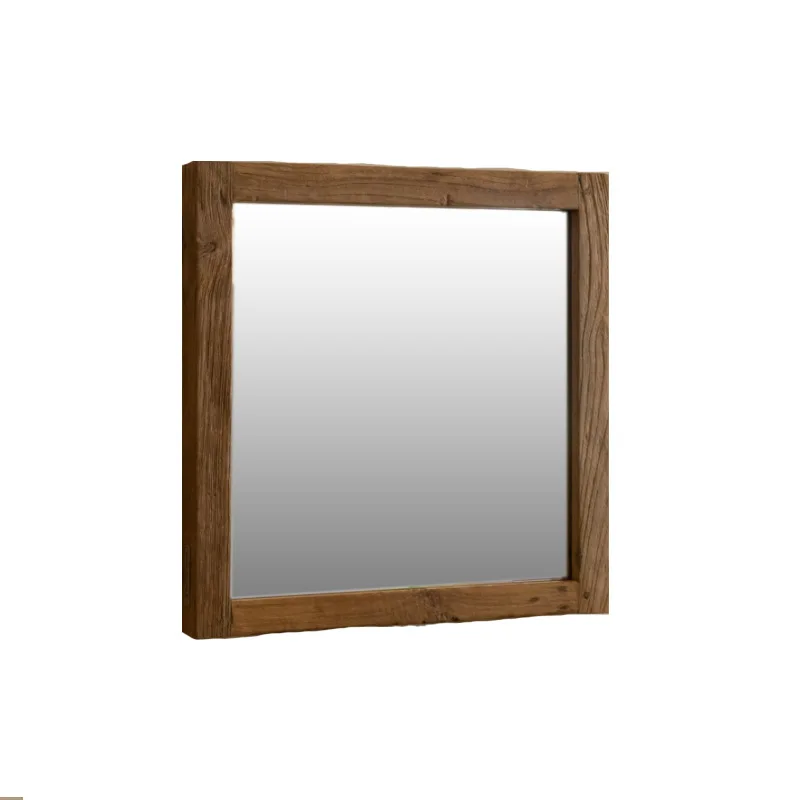 Retro wabi-sabi wind solid wood vanity mirror, square wall-mounted desktop vanity mirror
