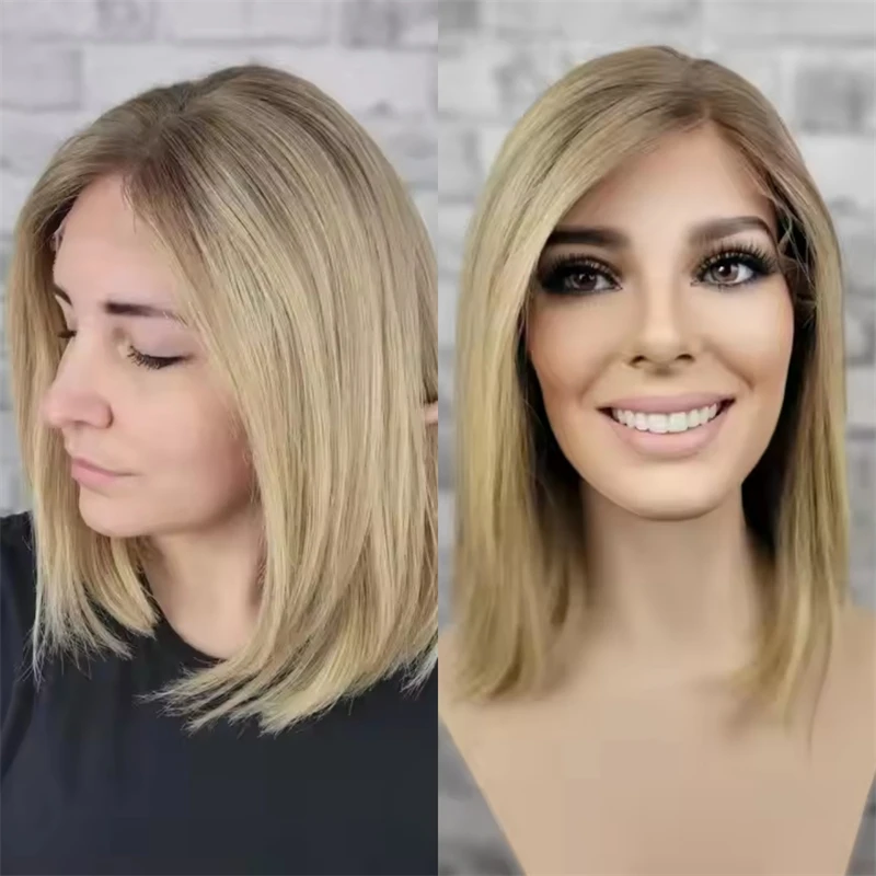

Blonde Wig Short Straight Bob Ombre Golden Blonde Lace Front Wig Heat Resistant Fibre Wig Natural Preplucked Hairline Party Wigs