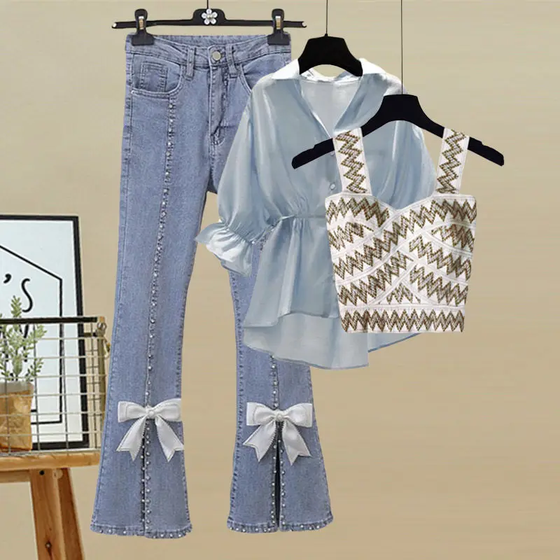 Spring/Summer Fashion Three Piece Set Temperament Chiffon Shirt Small Fragrant Knitted Back Temperament Split Jeans