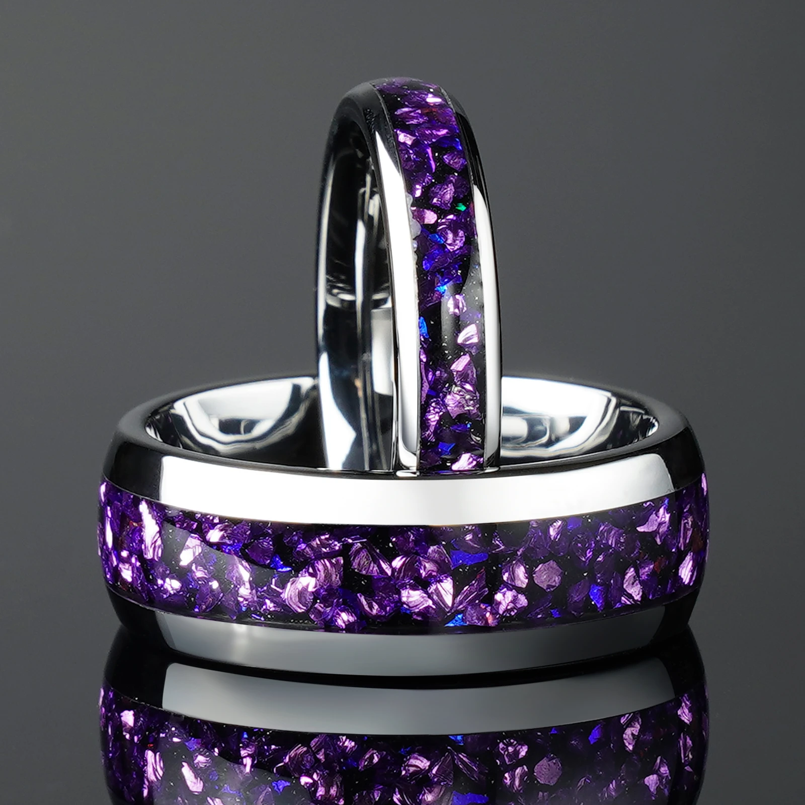 

4/8mm Nebula Amethyst Silver Couple set Tungsten Ring, Wedding Engagement Band For Him And Her