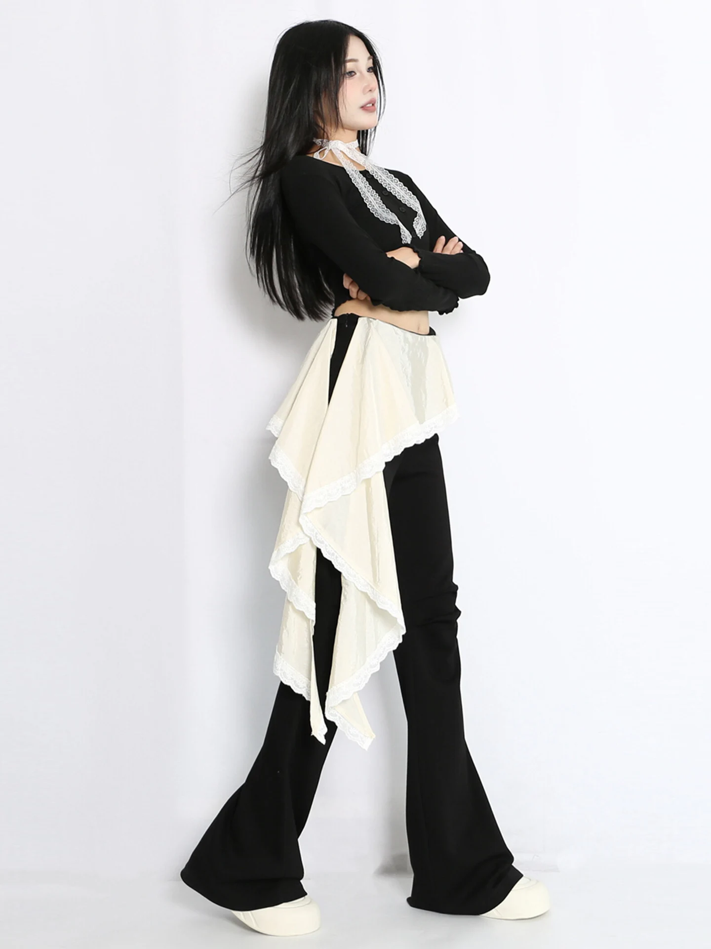 Bot de campana adelgazante de cintura alta con diseño de encaje, pantalones informales a la moda para niñas, piernas micro acampanadas, cierre de cremallera de fibra de poliéster