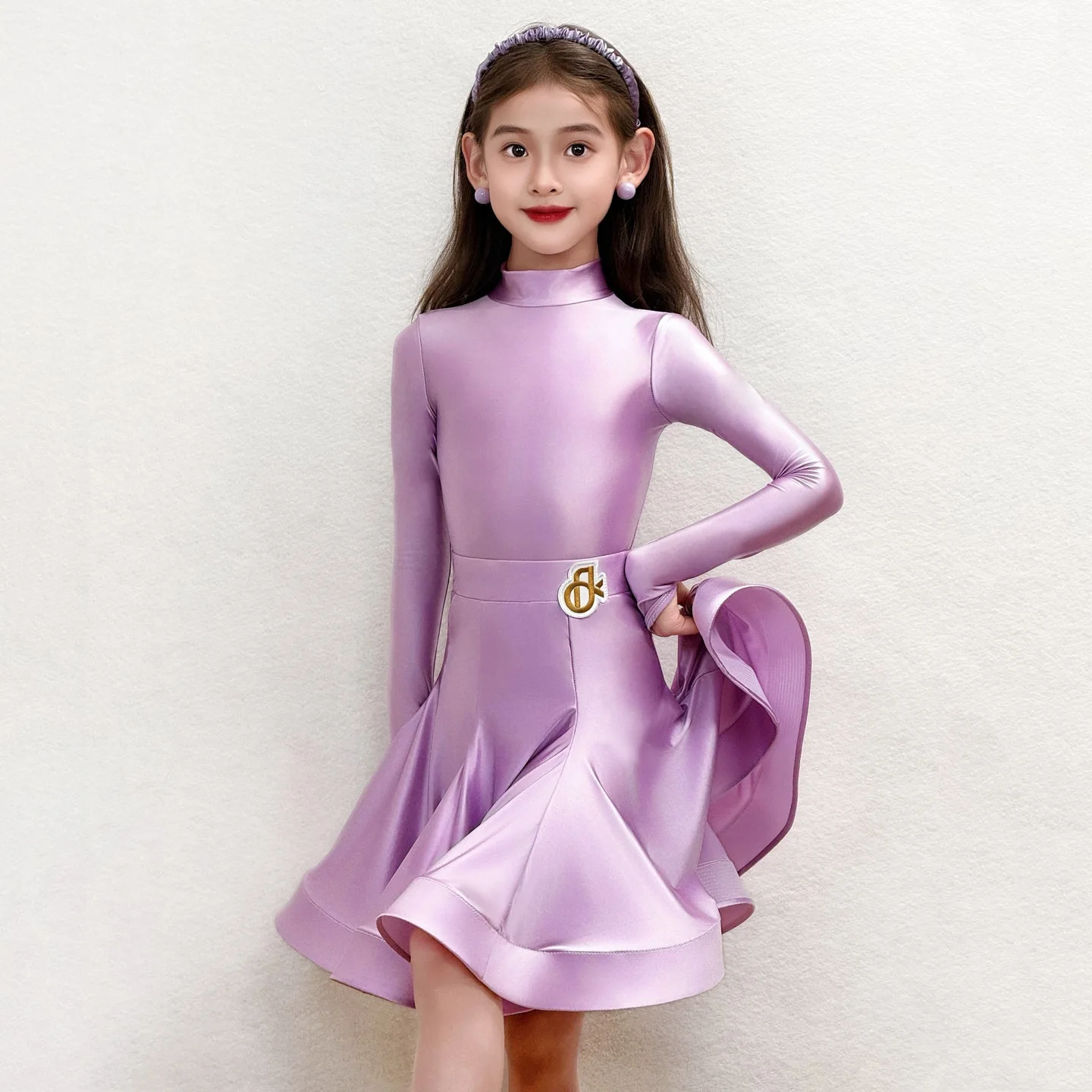 Kids Latin Dance Clothes Girls Competition Dress Glossy High Collar Long Sleeves Suit Chacha Dance Practice Clothing DNV27643