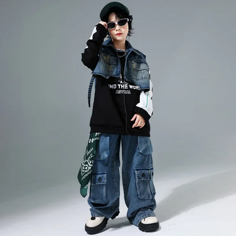 Enfant Hip Hop vêtements Denim bleu gilet veste longue sweat décontracté Multi poches jean pantalon pour fille garçon danse Costume vêtements