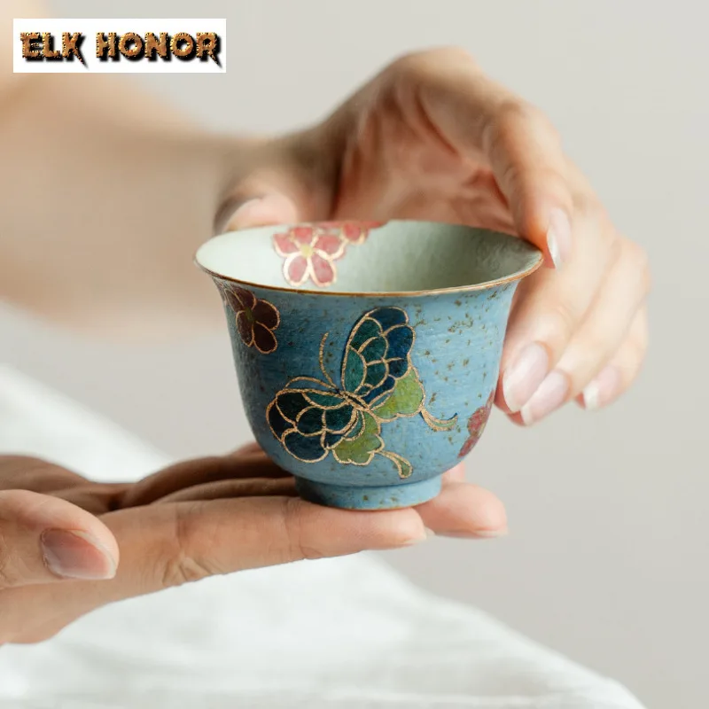 

40ml Hand-painted Red Flower Butterfly Teacup Luxury Tea Bowl Water Jug Tea-tasting Personal Cup Chazhan Master Cups Teaware