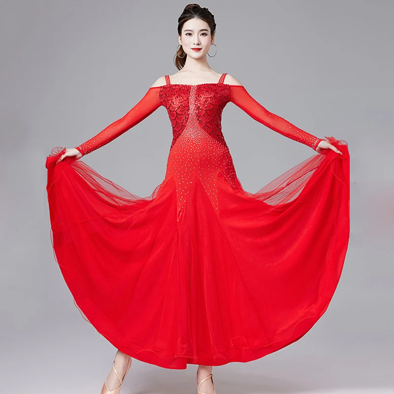 Robe de danse de salon noire pour femmes, robes de valse Standard à paillettes, Costume de scène de danse sociale moderne élégant, vêtements de danse féminins 2211