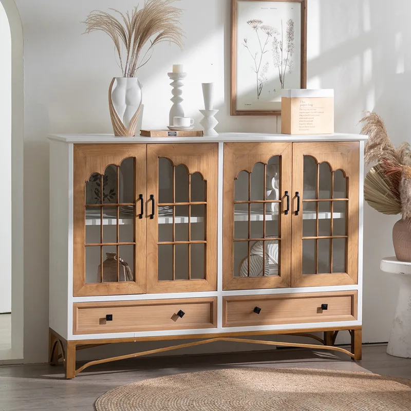 Retro dining side cabinet, living room glass door wine cabinet, storage against the wall, study display cabinet
