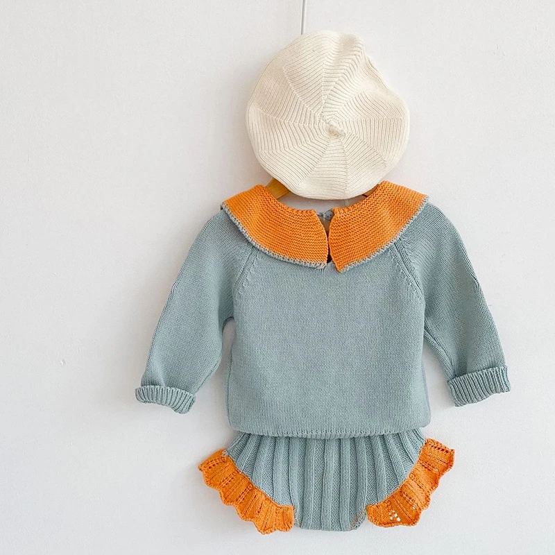 2024 Toddler Baby Girls Clothes Suit Long Sleeved Knitted Embroidered Pullover Sweater+PP Shorts Autumn Spring Baby Clothing Set