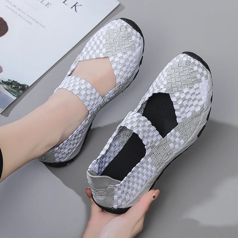 Summer Women Flat Shoes 2023 New Fashion Elastic Band Weave Shoes Breathable Lightweight Women Casual Loafers Zapatos De Mujer