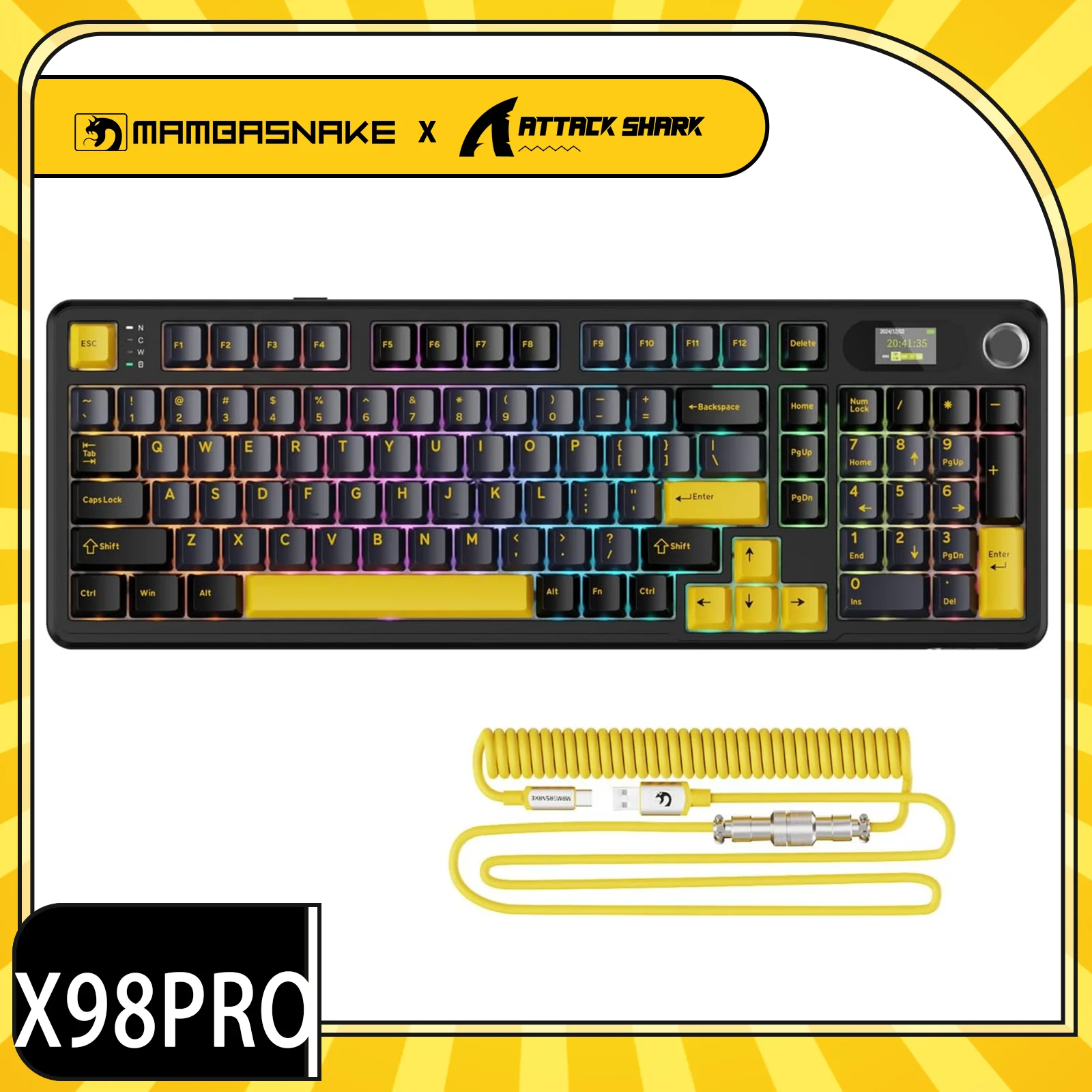 

MAMBASNAKE x ATTACK SHARK X98PRO Gasket Mechanical Gaming keyboard,BT/2.4G Wireless/USB-C,LED Screen&CNC knob