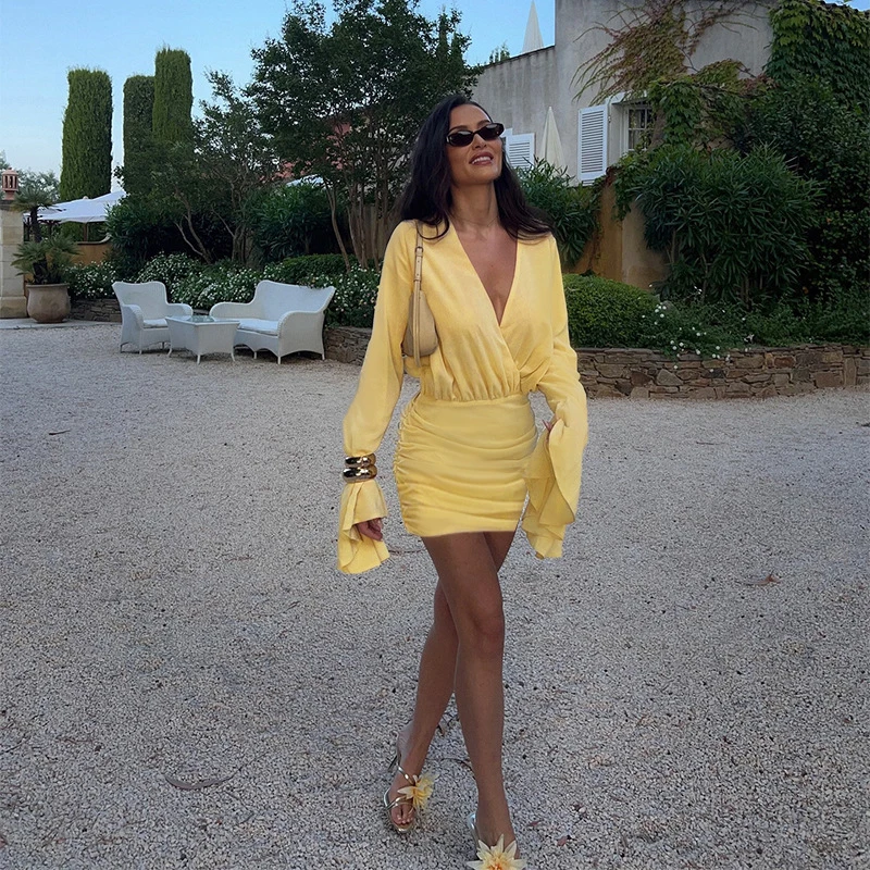 Street Style Yellow Butterfly Sleeve Pleated Dress Casual V-Neck Ruched Sheath Dresses Women 2026 Summer Sexy Slim Mini Dress