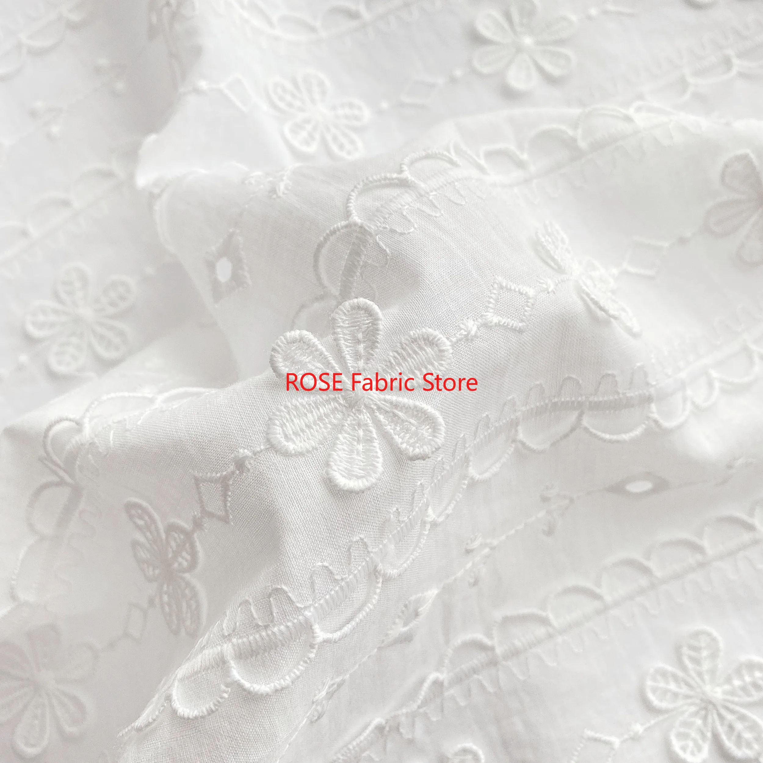 Stripe 3D Flower Embroidery Pure Cotton Fbric For dress, skirt, tops, tabletop, pillowcase, headbands, doll clothes sewing