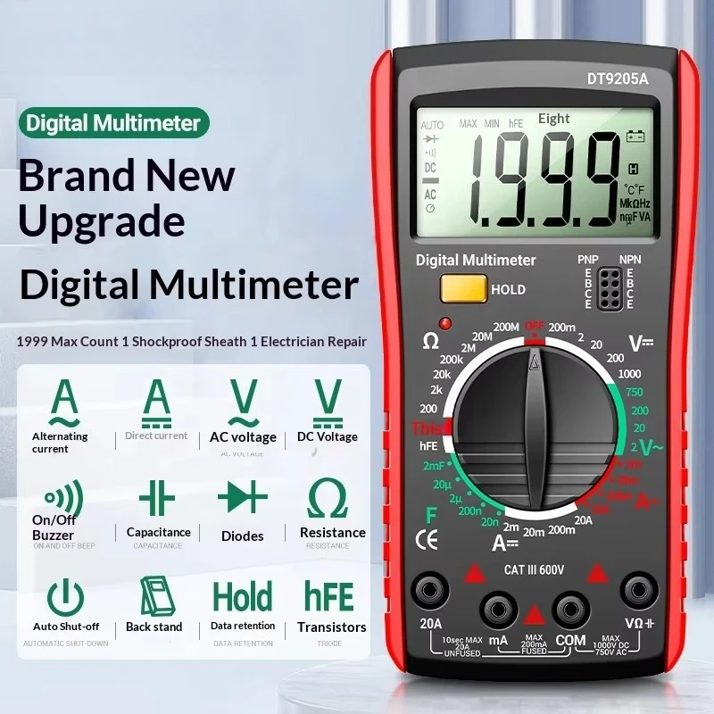 Digital multimeter high definition LCD automatic AC/DC voltage current 1000V/750V range 2mA-20A capacitance ohmic measurement