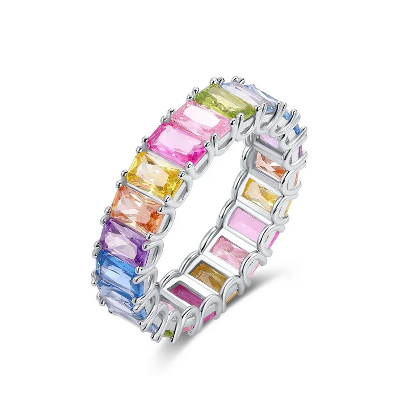 Rainbow Zircon Ring for WomenS925Silver single-row inlaid gemstone ring, European and American light luxury fashion gemstone who
