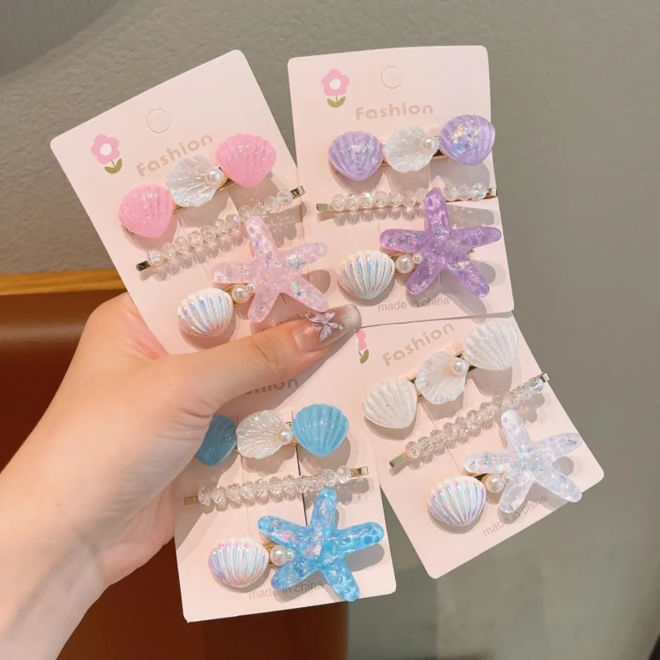

12pcs Summer Ocean Starfish Shell Hairpin Cute Children Hairpin One-word Clip Pearl Hair Accessories Headdress Clip Female ZX07
