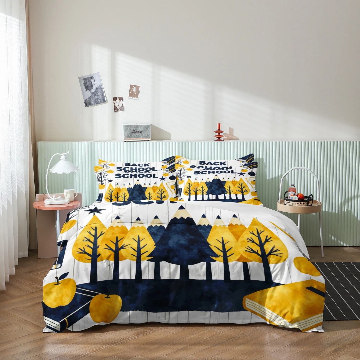 3Pcs Blue Yellow Pencil Tree Book Print Duvet Cover Set, Back to School Bedding, Soft Microfiber Bedroom Decor