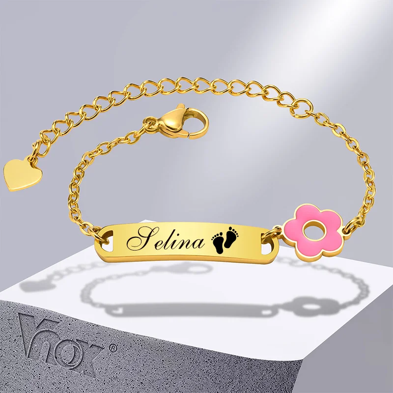 Vnox Free Custom Names Birth Date ID Bracelets for Girls Boys, Anti Allergy Stainless Steel Baptism Gifts Jewelry