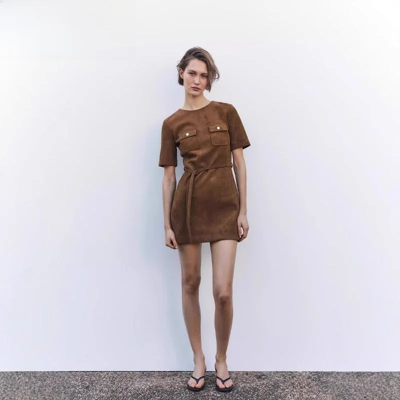 Frühling 2025, neuer Damen-Rock aus Wildlederimitat mit Gürtel, hoher Taille, A-Linien-Rock, Sve, rund, Ne-Farbe, Pendler-Sle