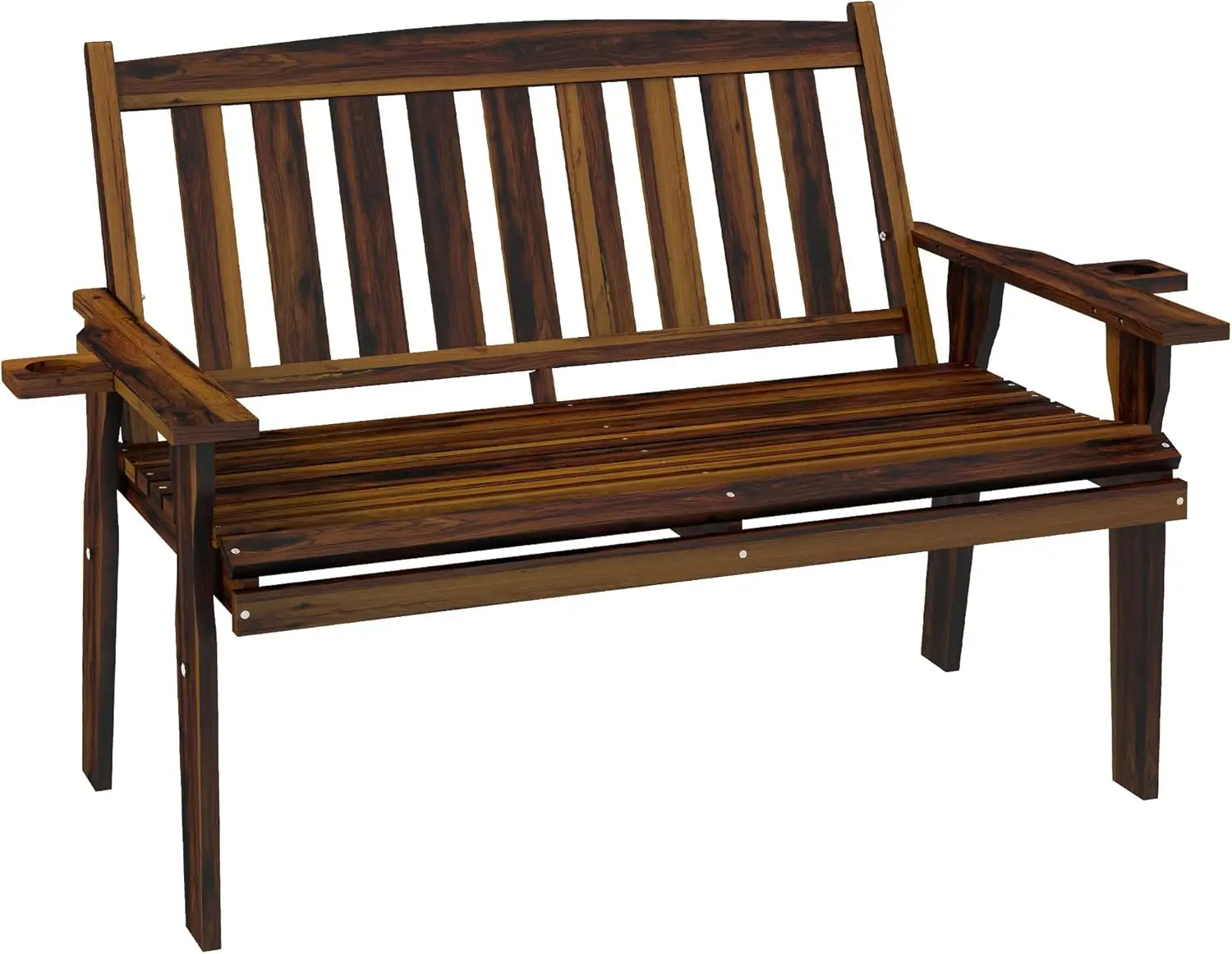 Wood Outdoor Bench, 2-Person Garden Bench with Cupholder Armrests, Slatted Seat and Backrest, Park Bench for Patio, Porch