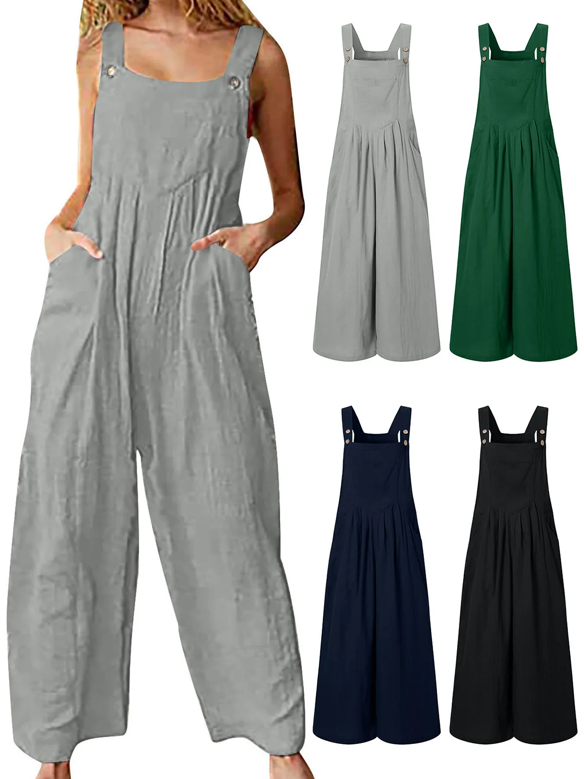 بذلة نسائية مع جيوب بدون أكمام وأرجل واسعة بالإضافة إلى حجم وزرة