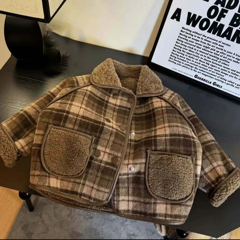 

Двубортное шерстяное пальто для маленьких мальчиков и девочек, осенне-зимняя модная клетчатая куртка, корейская детская теплая повседневная верхняя одежда