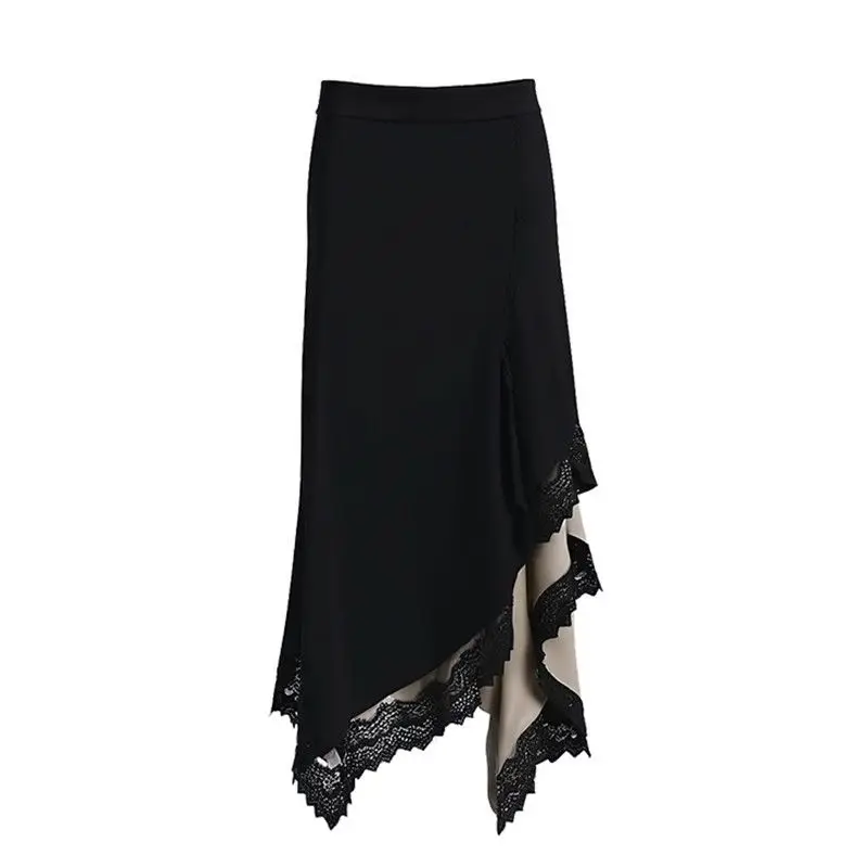 

Irregular lace splicing high-waisted skirt temperament thin and versatile personality contrasting color A-shaped skirt