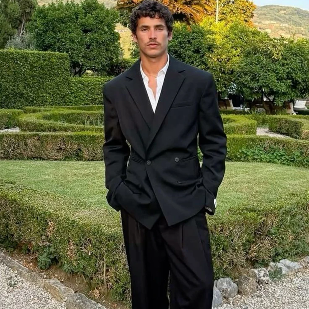 

Classic Men Black Loose Fashion Suit 2 Piece Jacket Pant Sets Double-Breasted Notch Lapel Casual Party Office Male Outfits