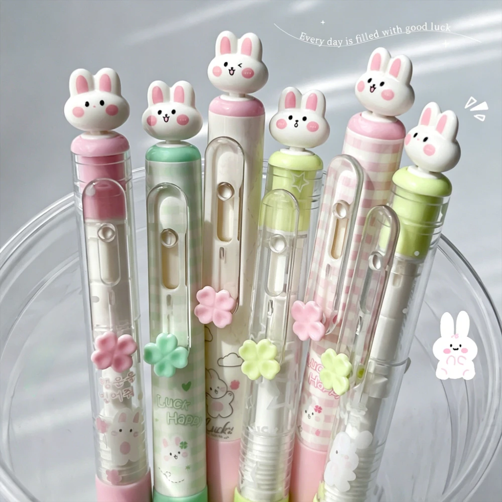 4Pcs/Set  Kawaii Rabbit Gel Pen 0.5mm Quick Dry Black Ink Writing Pen Cute Cartoon Press Gel Pens With Transparent Storage Bag