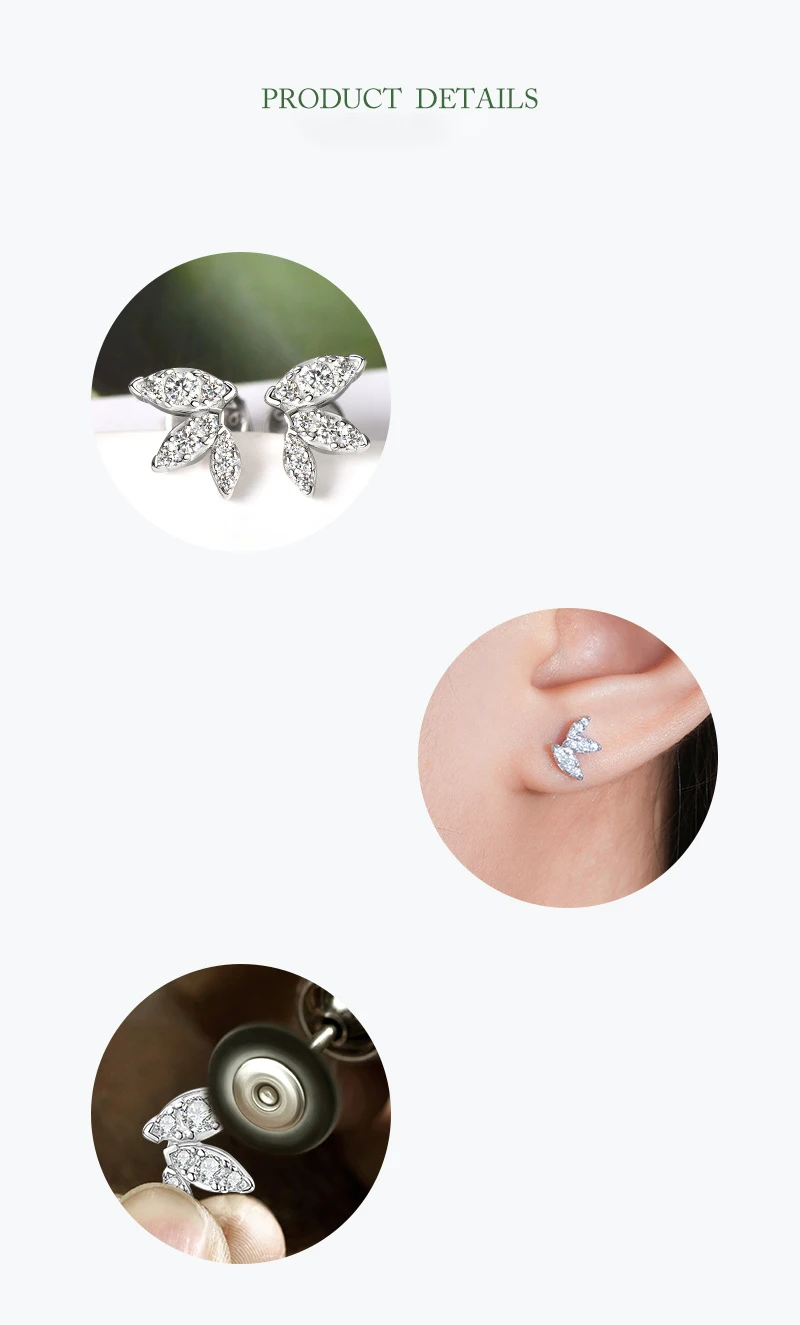 S925 Silver Leaf Butterfly D Color  Moissanite Stud Earrings  925 Sterling Silver for Women Jewelry Piercing