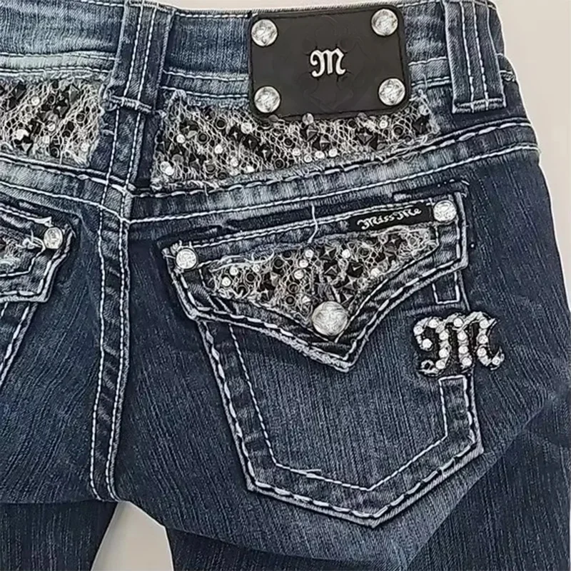 Vintage Goth Harajuku Jeans Y2K Streetwear Clothes Womens Pocket Sequin Washed Blue Slim-fit Jeans Sexy Girls Low-waist Trousers