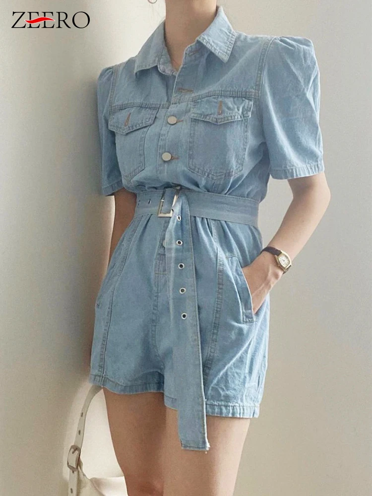 

Women Vintage Casual Single-breasted Belted Denim Jumpsuit Summer Korean Female Short Sleeve Wide Leg Jean Rompers Playsuits