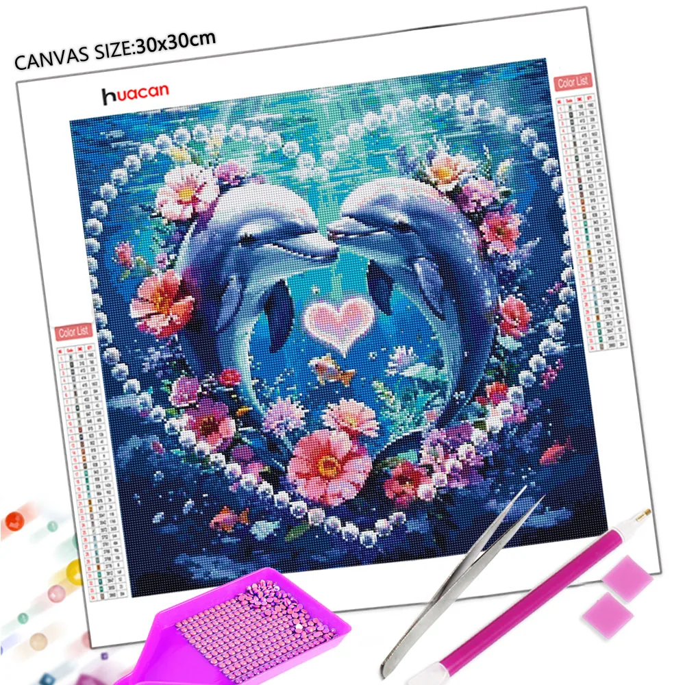 Huacan 5D Diamond Painting Dolphins Heart Flower Diamond Mosaic Animal New Collection 2026 Craft Kit