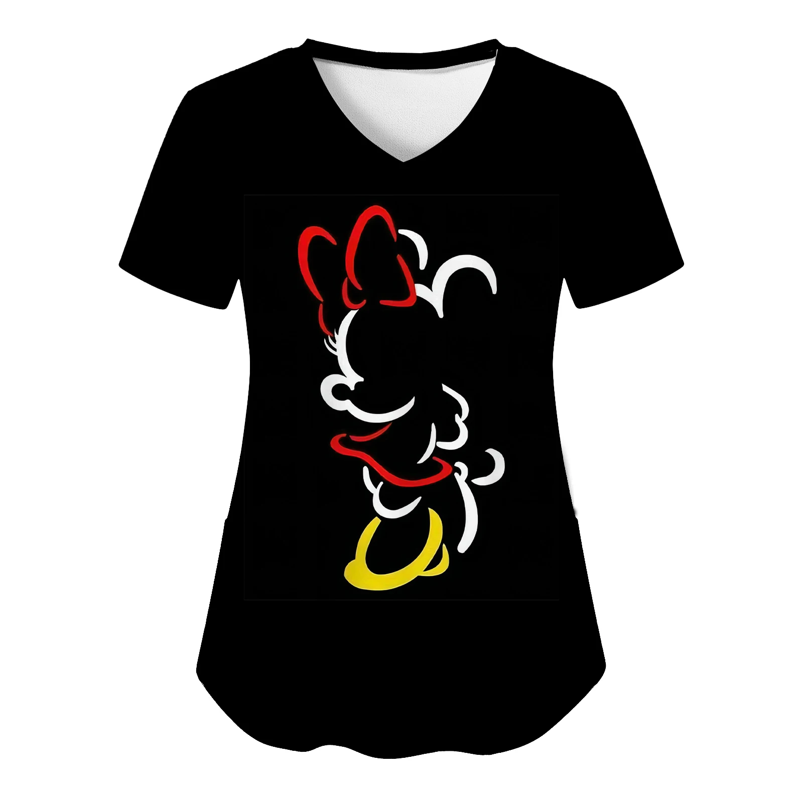 Pocket T Shirt Nurse Uniform Top Women 2024 Mickey T-shirt Hospital T-shirts Disney Minnie Mouse Woman Clothes V Neck Tops Tees